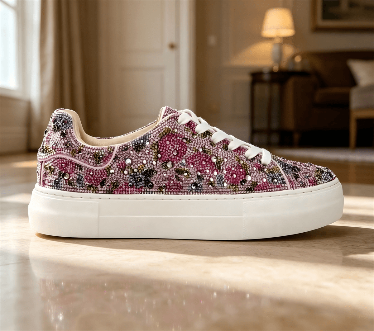 Rhinestone sneaker decoration style using flatback rhinestone motifs