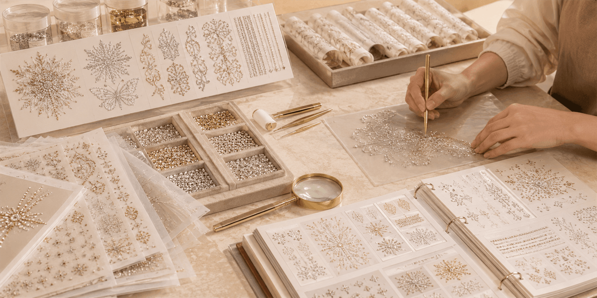 Custom rhinestone style development from product photos and reference ideas